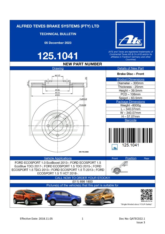 125.1041 NEW! Brake Disc for FORD ECOSPORT featured image